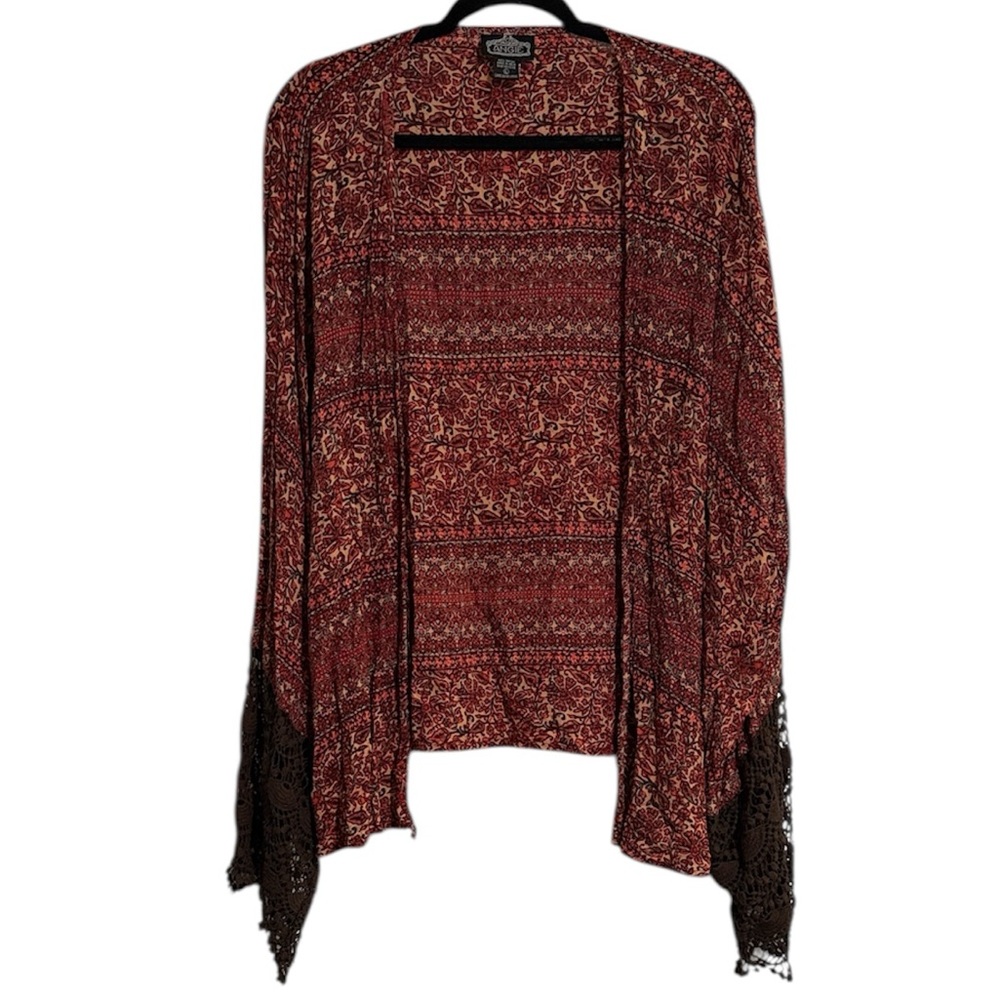 🖤 Angie Boho Print Crochet Sleeve Detail Open Front Cardigan